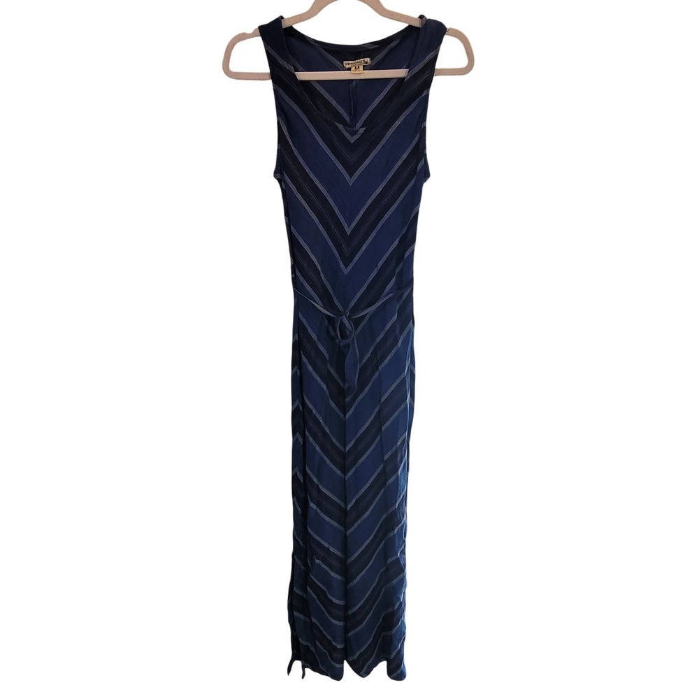 Democracy Blue Chevron Stripe Sleeveless Maxi Dress Belted Vintage Medium Denim